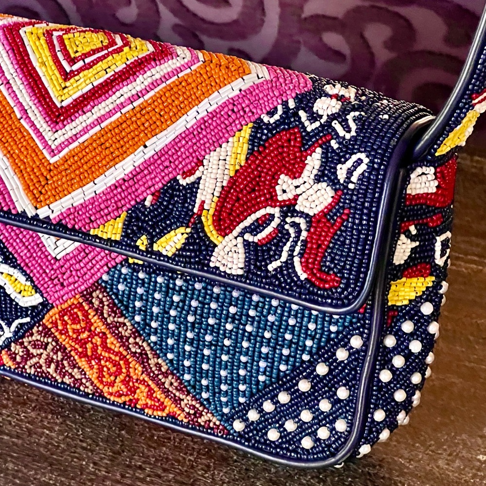 🌺🎉HP🎉🌺 NWOT Staud Beaded Tommy Shoulder Bag Patchwork Foulard 🌟Rare Find🌟 - Picture 3 of 16